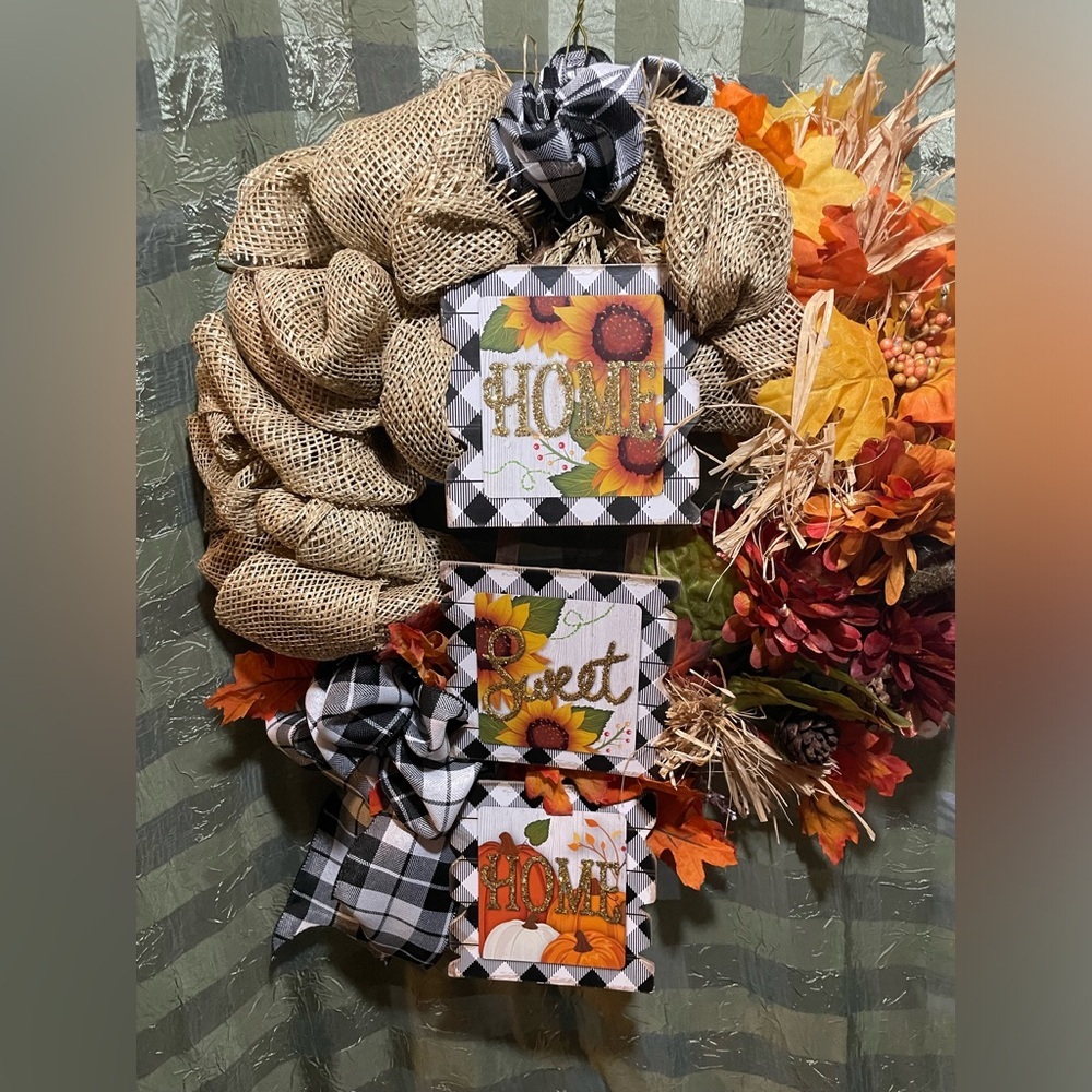 Handmade by me Fall Wreath! 14 inch base. Home Sweet Home, flowers and punpkins!